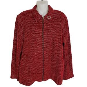 Alfred Dunner Womens Full Zip Jacket Size 10 Red Metallic Silver Lined Pockets
